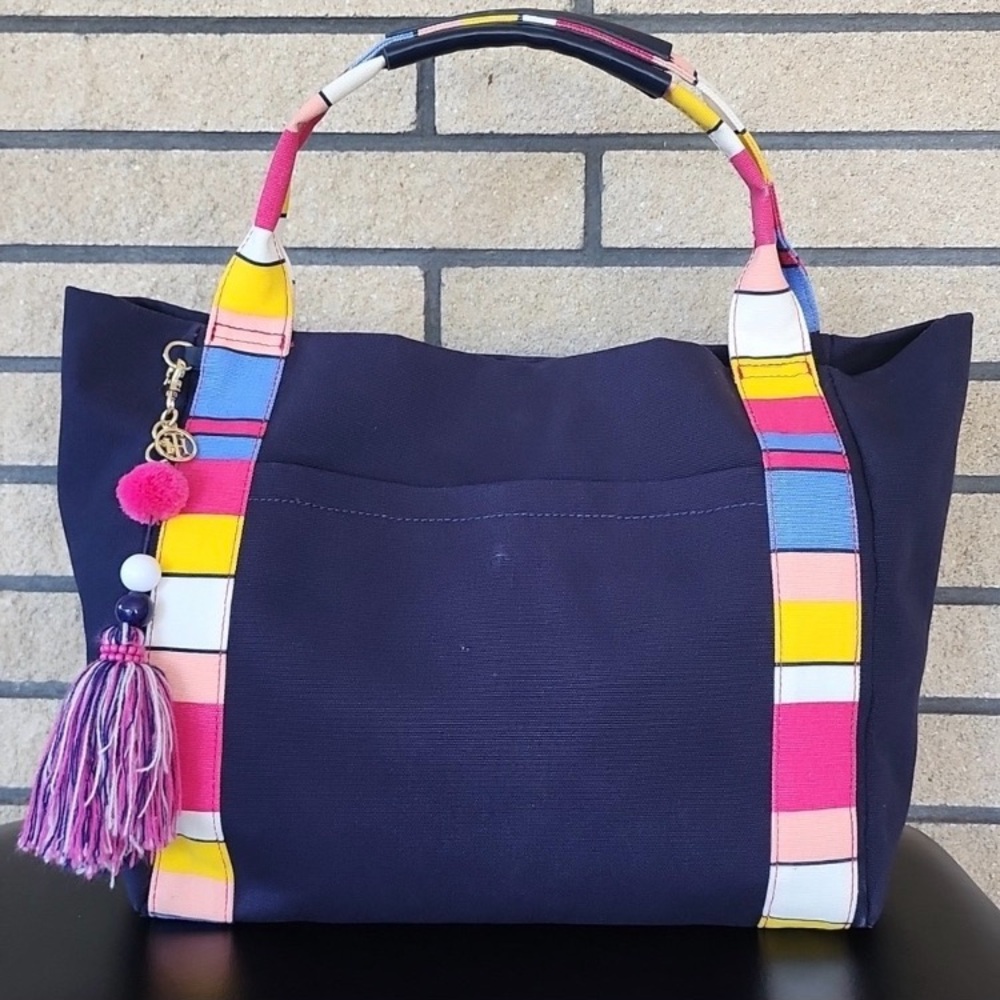 Tommy Hilfiger Adelina XL navy blue canvas tote multicolor stripe tassel NWOT
